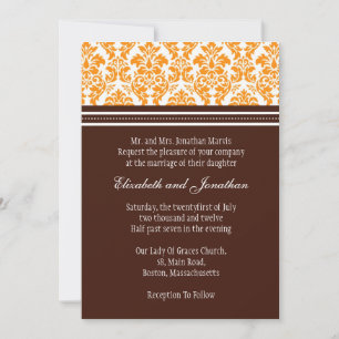 Brown and Orange Damask Wedding Invitation