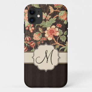 Brown and Peach Retro Floral, Stripes and Monogram iPhone 11 Case
