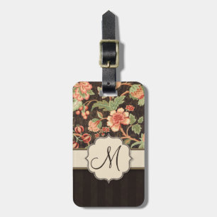 Brown and Peach Retro Floral, Stripes and Monogram Luggage Tag