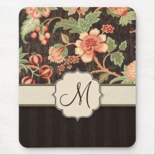 Brown and Peach Retro Floral, Stripes and Monogram Mouse Pad