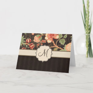 Brown and Peach Retro Floral, Stripes and Monogram Note Card