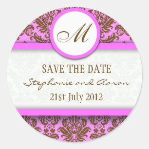 Brown and Pink Damask Monogram Wedding Sticker