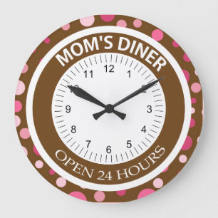 Brown and Pink Dots Mum's Diner Large Clock