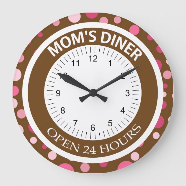Brown and Pink Dots Mum's Diner Large Clock (Front)