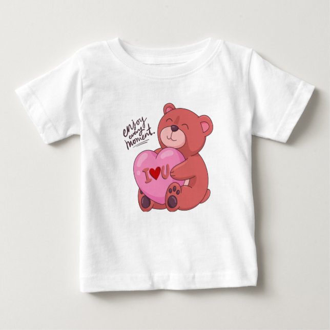 Brown and Pink Illustrative Bear Love T-Shirt (Front)
