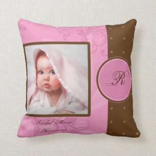 Brown and Pink Monogram Baby Photo Keepsake Pillow