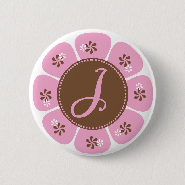 Brown and Pink Monogram J 6 Cm Round Badge (Front)