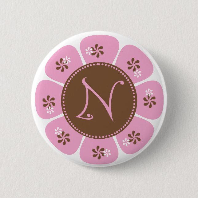 Brown and Pink Monogram N 6 Cm Round Badge (Front)