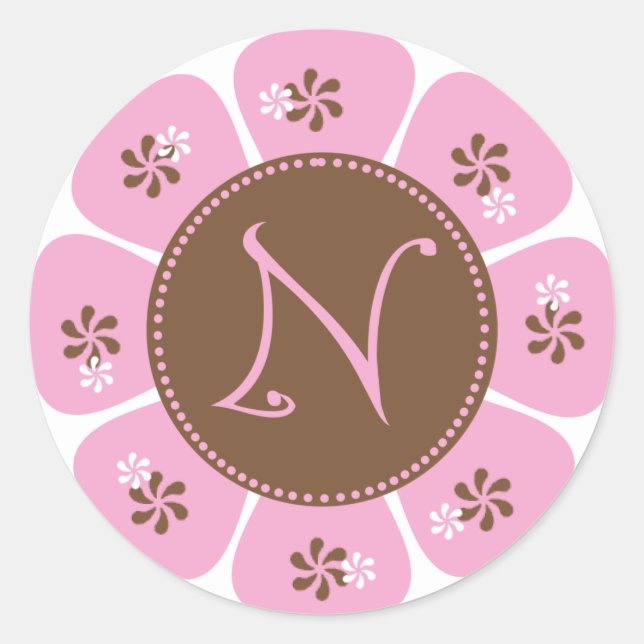 Brown and Pink Monogram N Classic Round Sticker (Front)