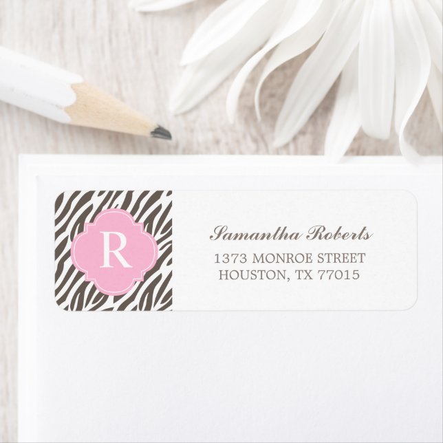 Brown and Pink Zebra Stripes Monogram Return Address Label (Insitu)