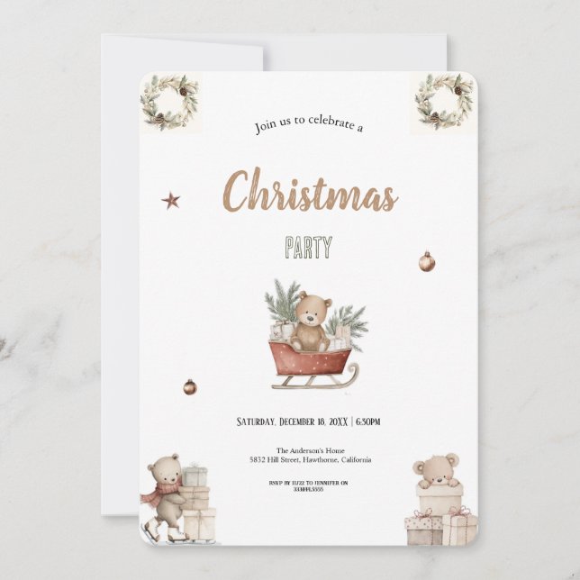 brown and red winter christmas party invitation (Front)