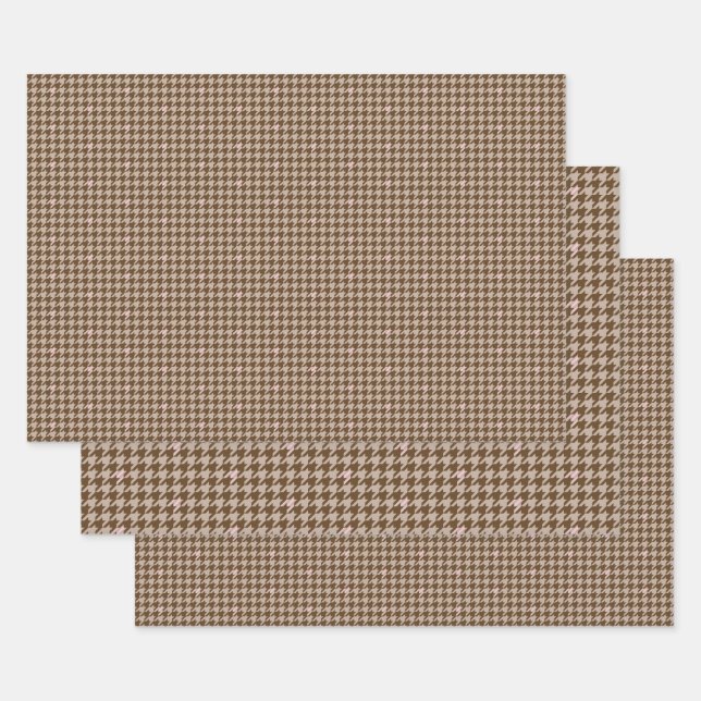 Brown and Rose Gold Houndstooth Wrapping Paper Set (Set)