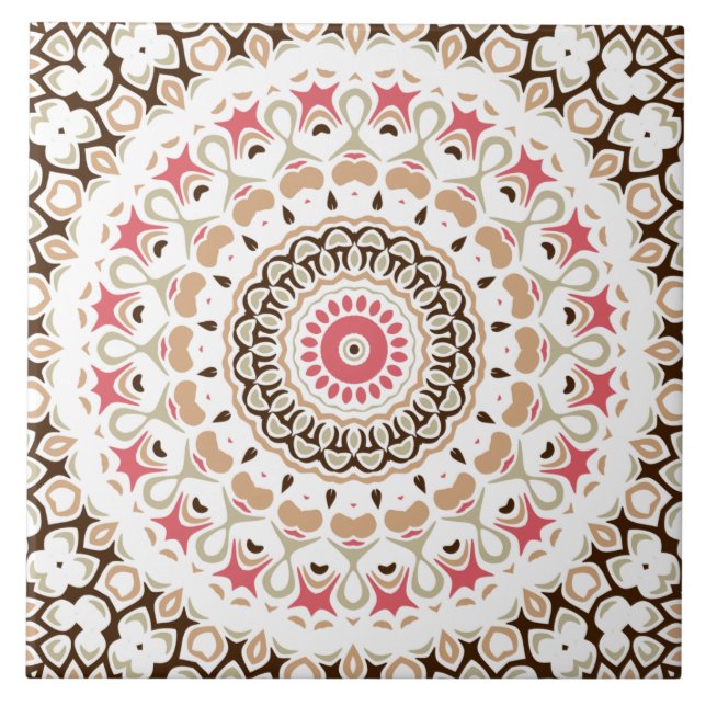 Brown and Rose Pink Mandala Pattern Ceramic Tile (Front)