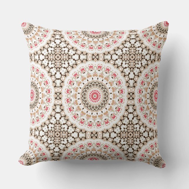 Brown and Rose Pink Mandala Pattern Cushion (Front)