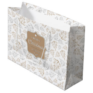 Brown and Silver Elegant Christmas Trees Pattern Large Gift Bag