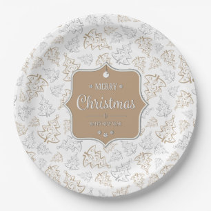Brown and Silver Elegant Christmas Trees Pattern Paper Plate