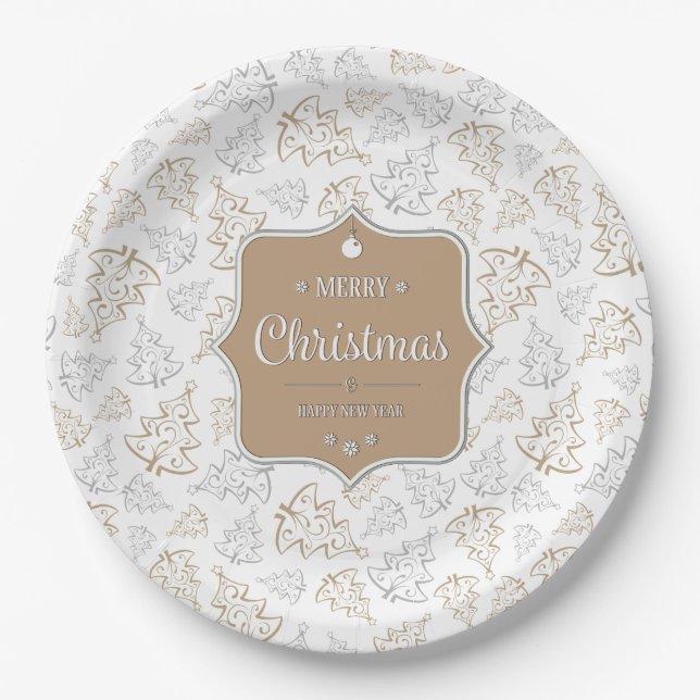 Brown and Silver Elegant Christmas Trees Pattern Paper Plate (Front)