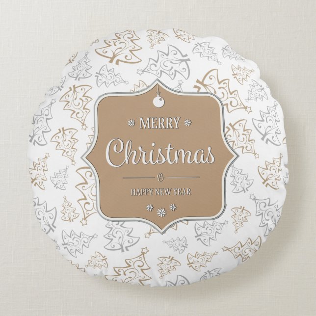 Brown and Silver Elegant Christmas Trees Pattern Round Cushion (Front)