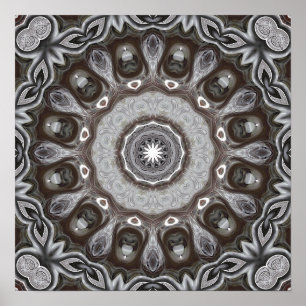 Brown and Silver Kaleidoscope Mandala Pattern Poster