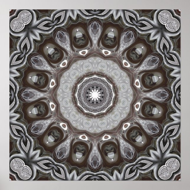Brown and Silver Kaleidoscope Mandala Pattern Poster (Front)
