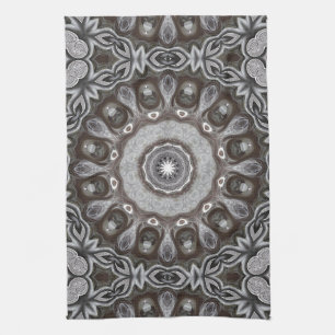 Brown and Silver Kaleidoscope Mandala Pattern Tea Towel