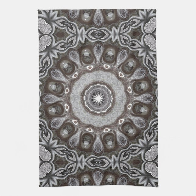 Brown and Silver Kaleidoscope Mandala Pattern Tea Towel (Vertical)