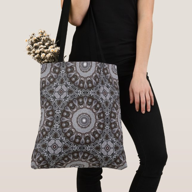 Brown and Silver Kaleidoscope Mandala Pattern Tote Bag (Close Up)