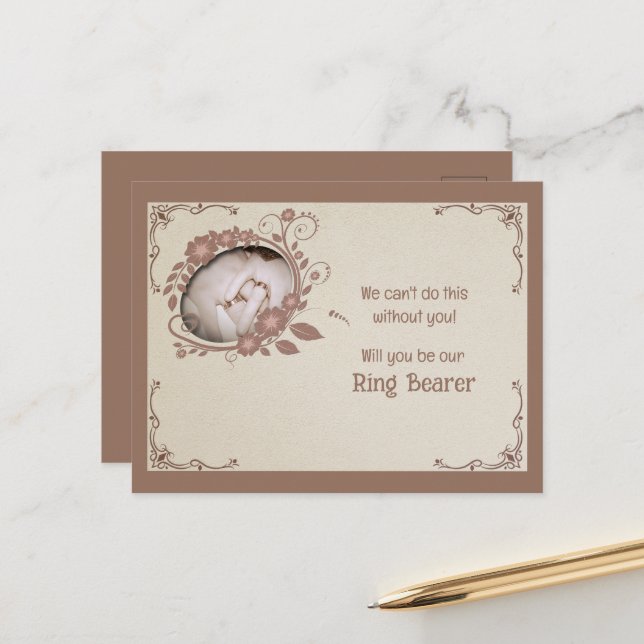 Brown and Tan Floral Ring Bearer Invitation (Front/Back In Situ)