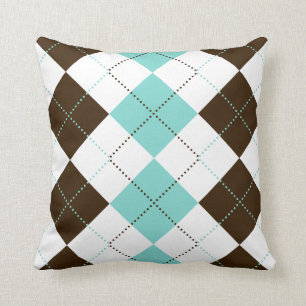 Brown and Teal Blue Chequered Patterns Cushion