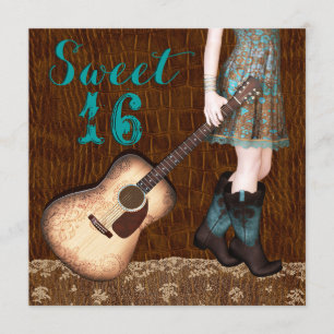 Brown and Teal Blue Cowgirl Sweet Sixteen Party Invitation
