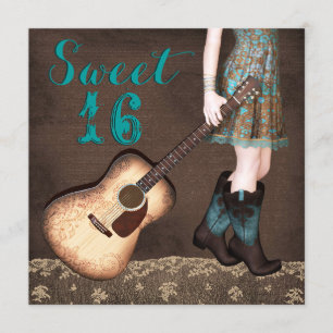 Brown and Teal Blue Cowgirl Sweet Sixteen Party Invitation