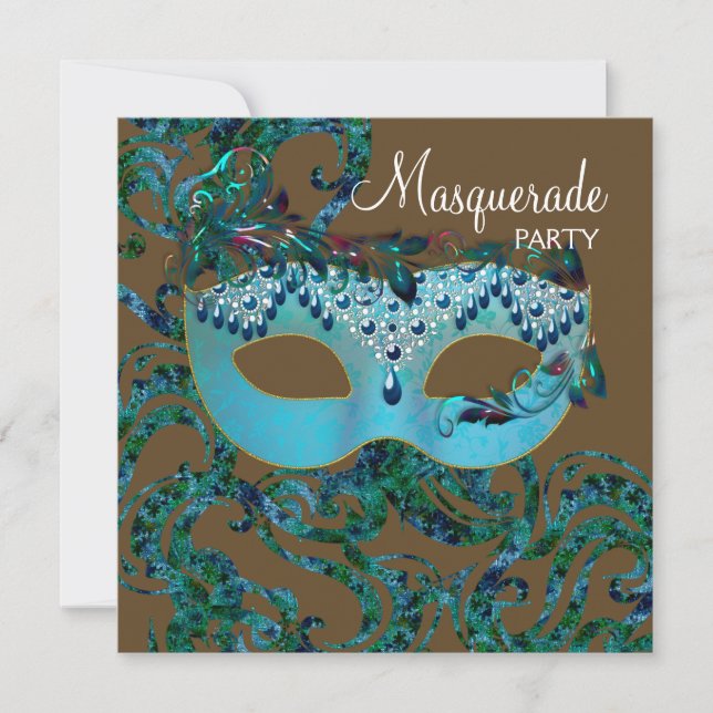 Brown and Teal Blue Masquerade Party Invitation (Front)