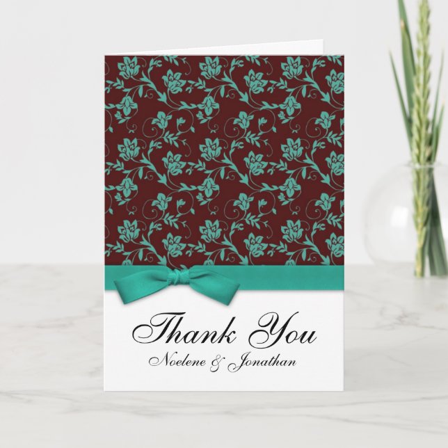 Brown and Teal Bow Thank You Card (Front)