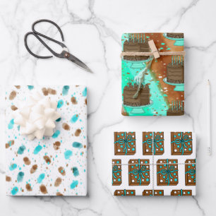 brown and Teal Chocolate Cake Birthday Wrapping Paper Sheet