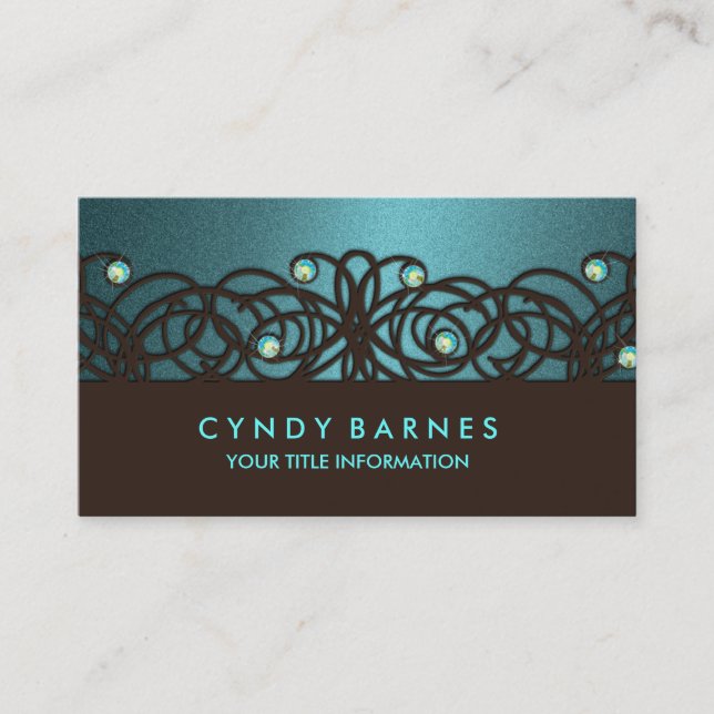 Brown and Teal Crystals and Lace Business Card (Front)