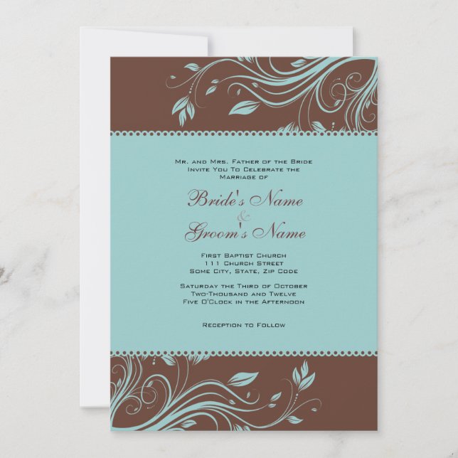 Brown and Teal Floral Swirls Wedding Invitation (Front)