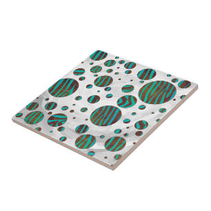 Brown and Teal Polka Dot Zebra Ceramic Tile