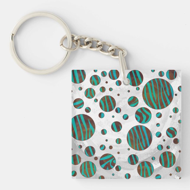 Brown and Teal Polka Dot Zebra Key Ring (Front)
