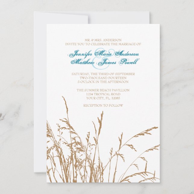 Brown and Teal Sea Grass Beach Wedding Invitation (Front)