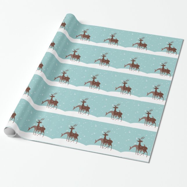 Brown and Teal Winter Deer in Snow Wrapping Paper (Unrolled)