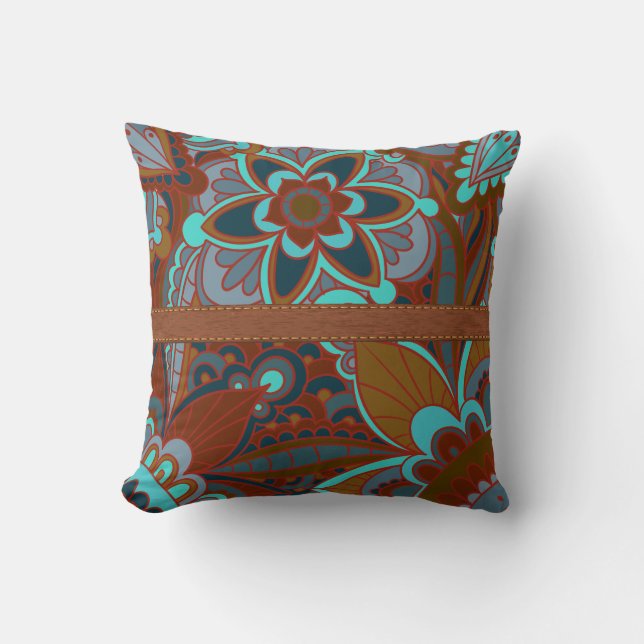 Brown and Turquoise Boho Cushion (Front)