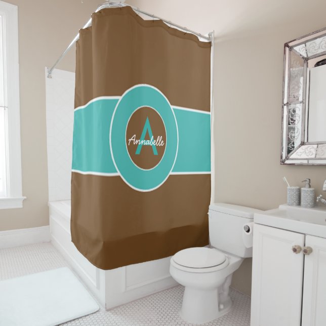 Brown and Turquoise Shower Curtain (In Situ)