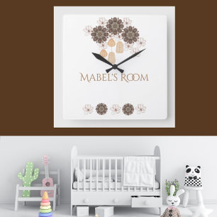 Brown and White Boho Floral Girl's Monogram Square Wall Clock