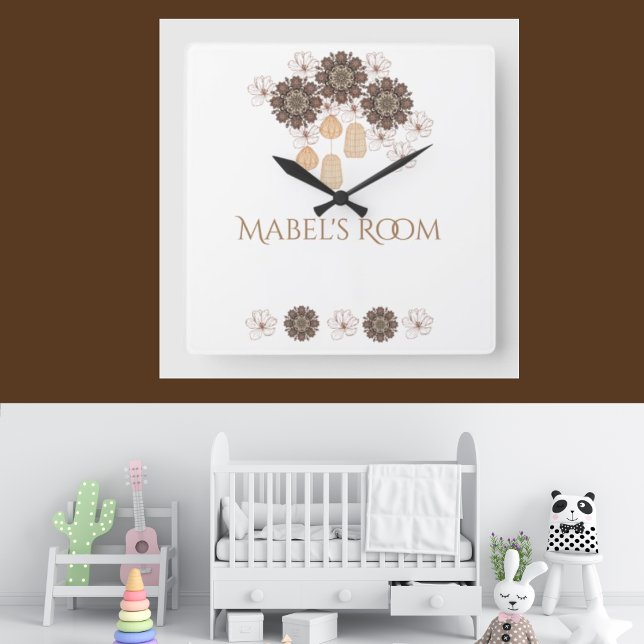 Brown and White Boho Floral Girl's Monogram Square Wall Clock (Creator Uploaded)