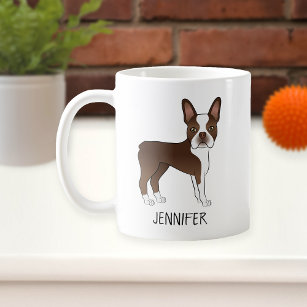 Brown And White Boston Terrier Cartoon Dog & Name Coffee Mug