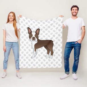 Brown And White Boston Terrier Cartoon Dog & Paws Fleece Blanket