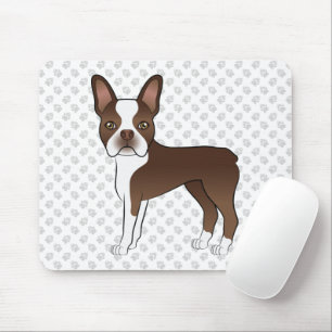 Brown And White Boston Terrier Cartoon Dog & Paws Mouse Pad