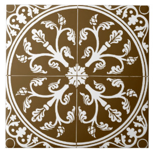 Brown and White Botanical Abstract Circle Vintage Ceramic Tile