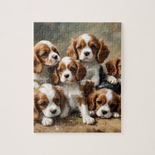 Brown And White Cavalier Spaniel Puppies, Jigsaw Puzzle