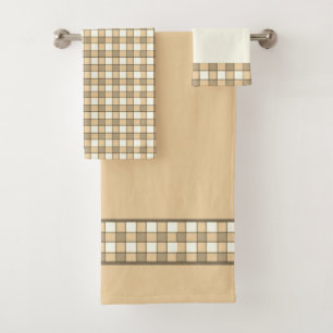 Brown and white check blocks pattern bath towel set
